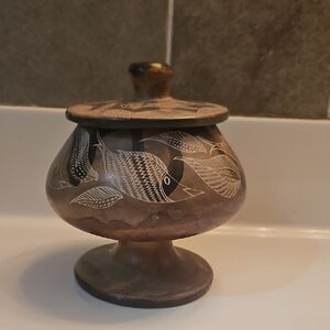 Vintage Hand Carved Soapstone Pedestal Lidded Pot Trinket Box Vase Fish Pattern